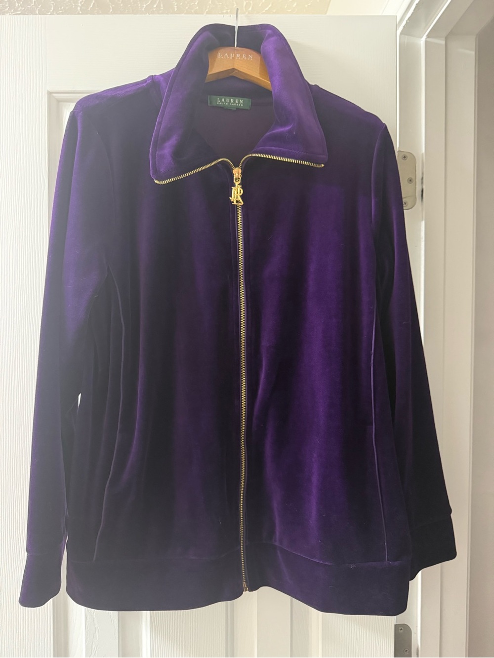 Lauren Ralph Lauren Velvet Velour Track Jacket 1X Royal Purple Full Zip LRL Gold